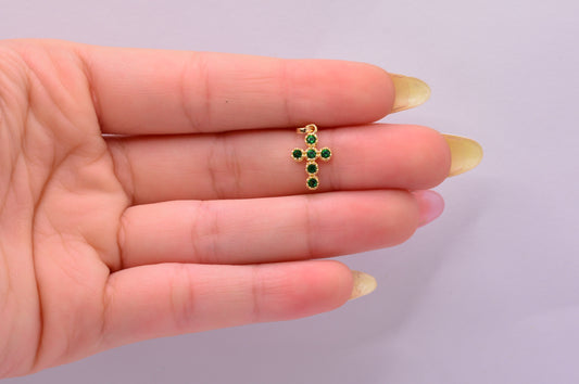 Dije Cruz circones verdes / 0.74 Gr / 1.8 Cm / Oro amarillo 18k