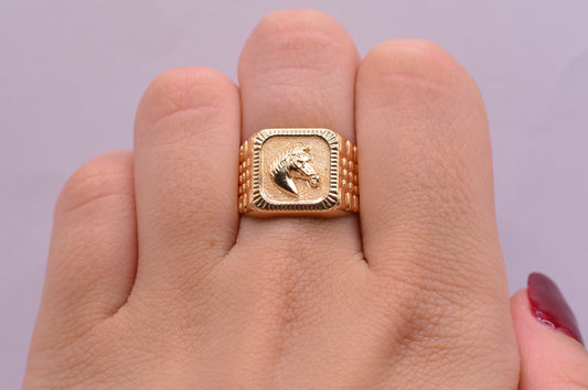 Anillo Caballo diamantado / 2.74 Gr / Talla 10 1/2 / Oro amarillo 18k