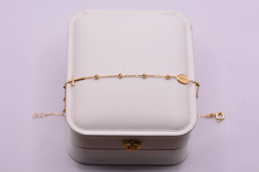 Pulso Bolas + cruz + virgen milagrosa / 1.75 Gr / 18 Cm / 2.50 mm / Oro amarillo 18k / It