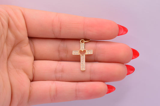 Dije Cruz corazon circones / 1.43 Gr / 2.5 Cm / Oro amarillo 18k