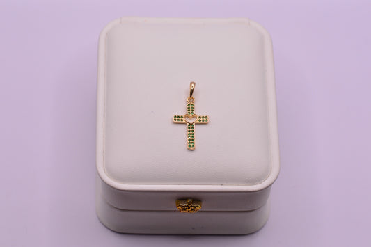 Dije Cruz corazon circones verdes / 1.42 Gr / 2.5 Cm / Oro amarillo 18k