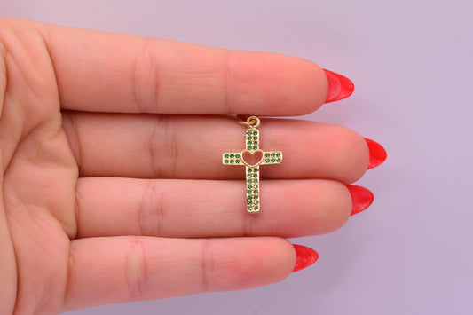 Dije Cruz corazon circones verdes / 1.42 Gr / 2.5 Cm / Oro amarillo 18k
