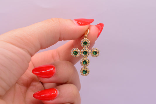 Dije Cruz circones verdes y blancos / 3.22 Gr / 3.3 Cm / Oro amarillo 18k