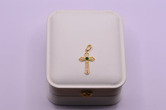 Dije Cruz circones blancos y verde / 1.20 Gr / 3 Cm / Oro amarillo 18k