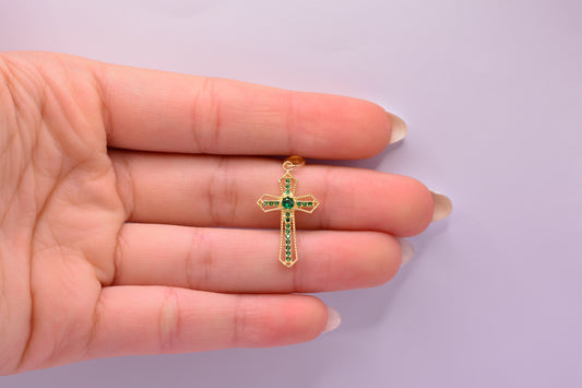 Dije Cruz circones verdes / 1.16 Gr / 3 Cm / Oro amarillo 18k